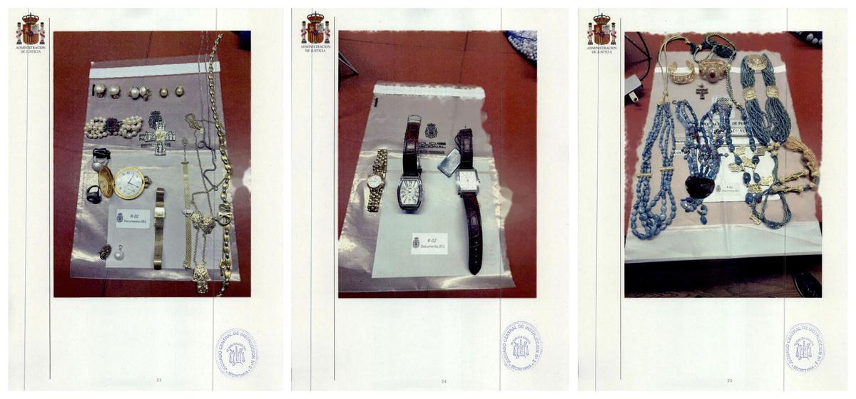 Combo con algunas de las joyas y relojes que aparecen en el informe de la UDEF al que ha tenido acceso EFE. La UDEF intervino en la caja fuerte del despacho del expresidente del Gobierno José Luis Rodríguez Zapatero, numerosas joyas y relojes, así como dos memorias USB, dos discos duros y varias carpetas con documentación con los nombres de empresas que aparecen en la investigación del caso Plus Ultra. Informe de EFE/UDEF al que ha tenido acceso EFE -SÓLO USO EDITORIAL/USO PERMITIDO SÓLO PARA ILUSTRAR LA NOTICIA QUE APARECE EN EL PIE DE PIE (CRÉDITO OBLIGATORIO)-. agregar texto y fotos