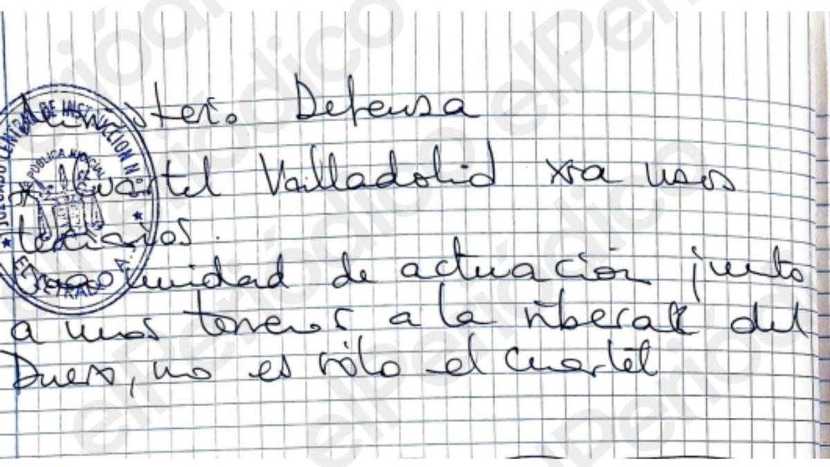 Recorte del cuaderno de Leire Díez en el que el 'fontanero' anota datos sobre unos terrenos del Ministerio de Defensa en Valladolid