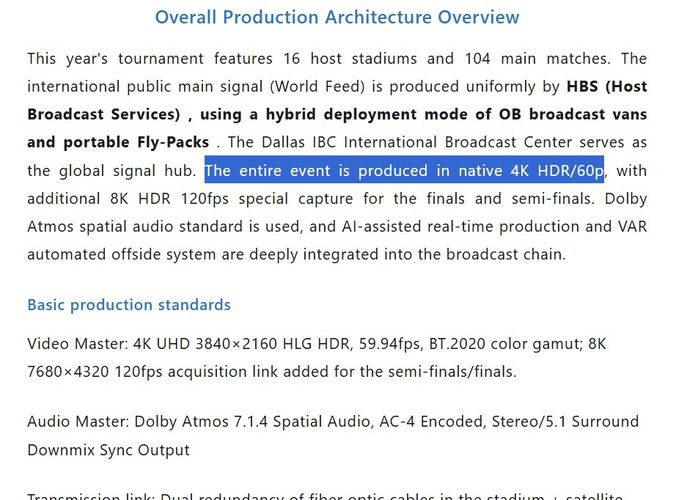 Documentación técnica sobre arquitectura de producción de eventos deportivos utilizando vídeo 4K HDR y especificaciones de audio Dolby Atmos.