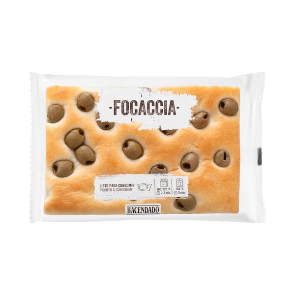 Foccacia con aceitunas Hacendado. Foto de : Mercadona.