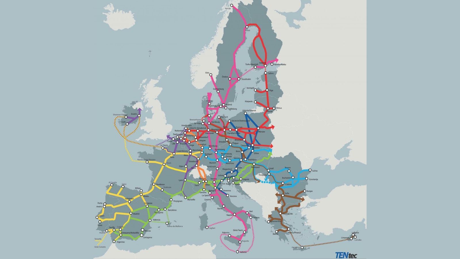 Mapa de la Red Transeuropea de Transporte (RTE-T)