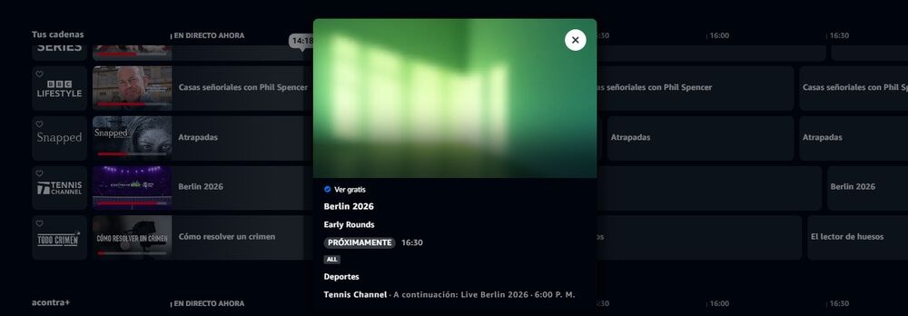 Canal de tenis en la interfaz de Prime Video