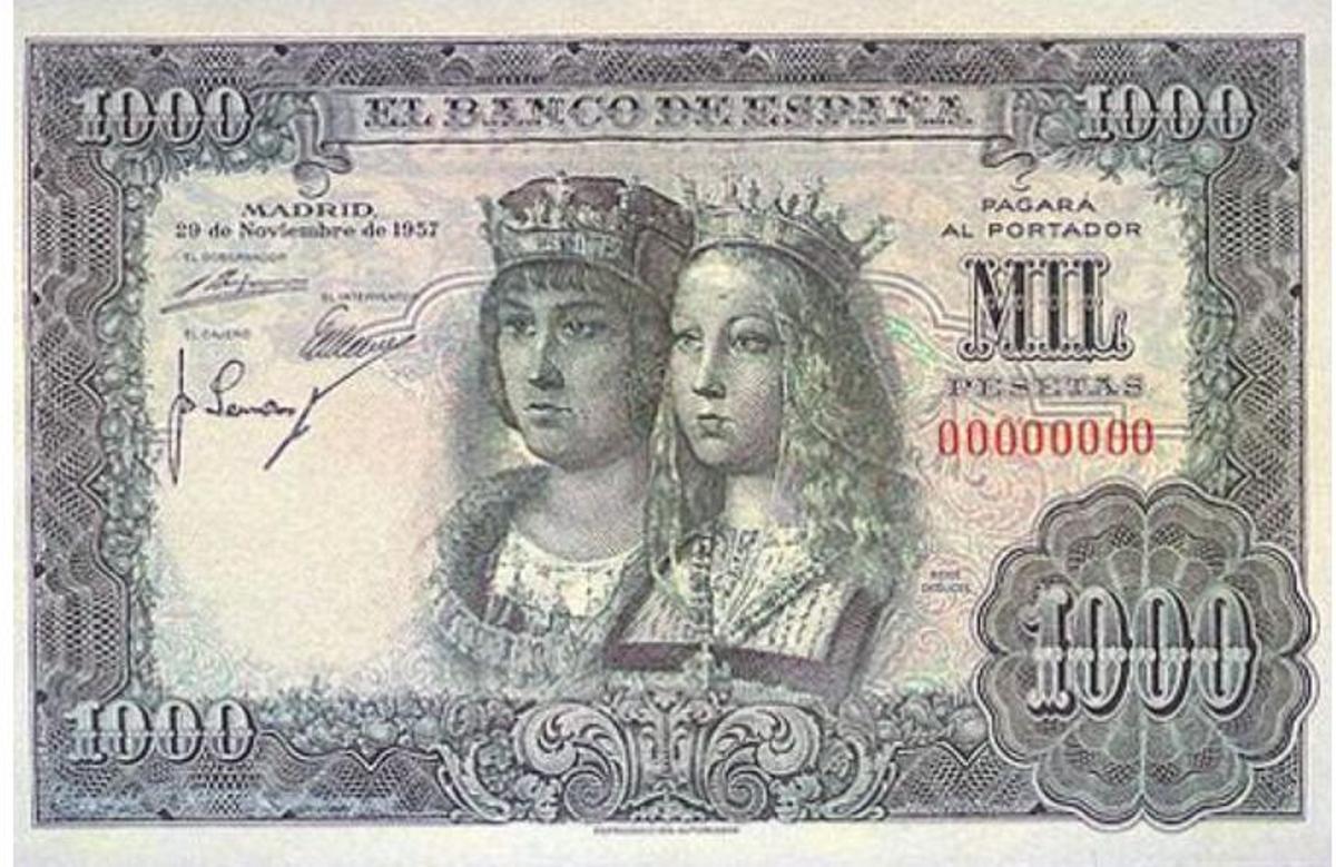 Billete de mil pesetas con retratos de los Reyes Católicos