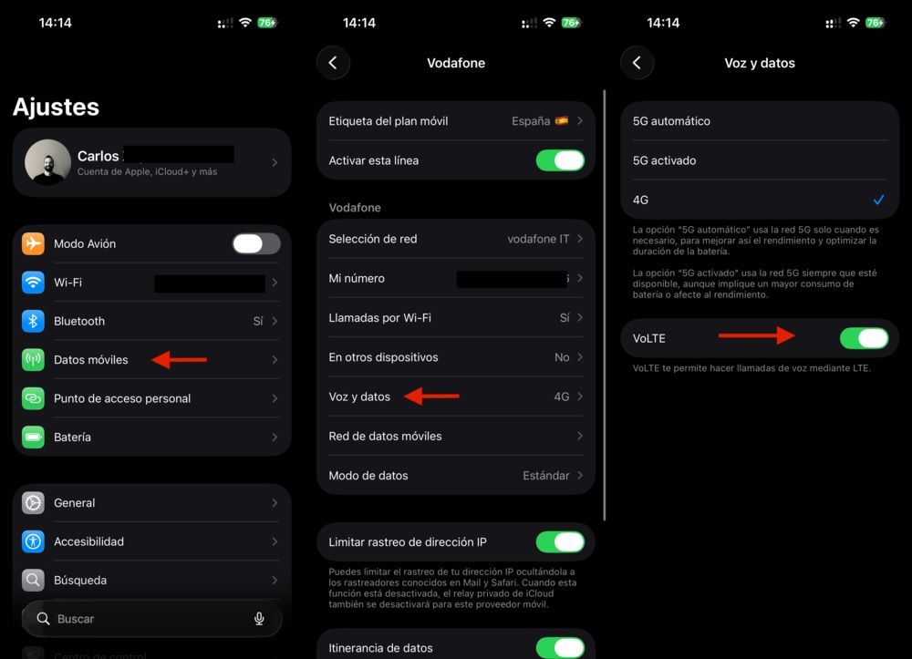 Una secuencia de tres capturas de pantalla de la interfaz de configuración de iOS que muestran los pasos para activar VoLTE: menú de datos móviles, selección de red Vodafone y activar el interruptor VoLTE.