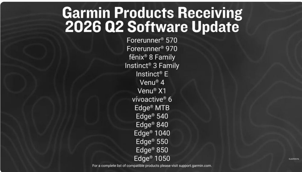 Lista de dispositivos Garmin compatibles con la actualización de software del segundo trimestre de 2026, incluidos los modelos Forerunner, fēnix, Instinct y Edge.