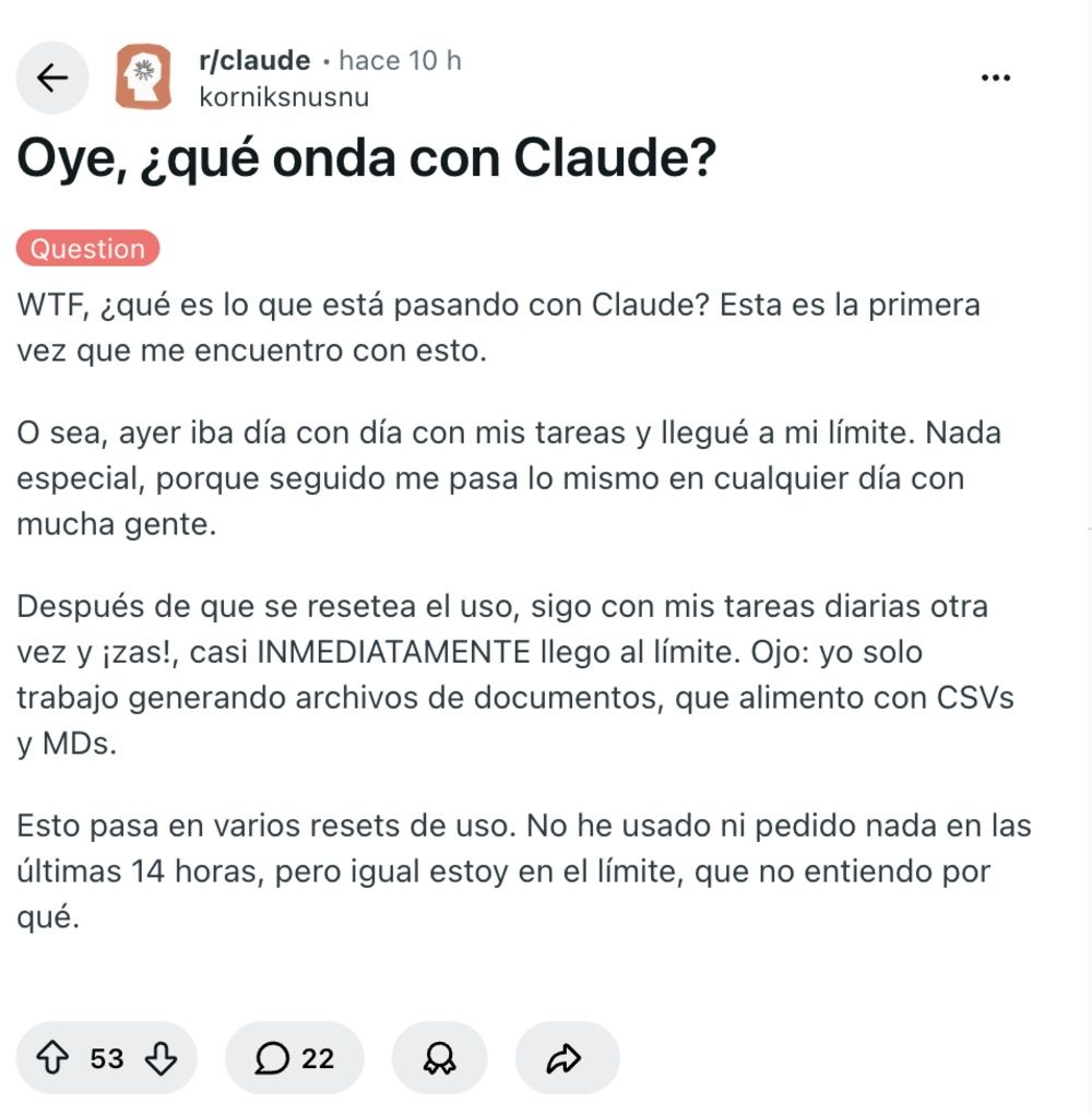 Captura de pantalla de una publicación de Reddit en la comunidad r/claude en la que un usuario se quejaba de haber alcanzado accidentalmente el límite de uso de IA.