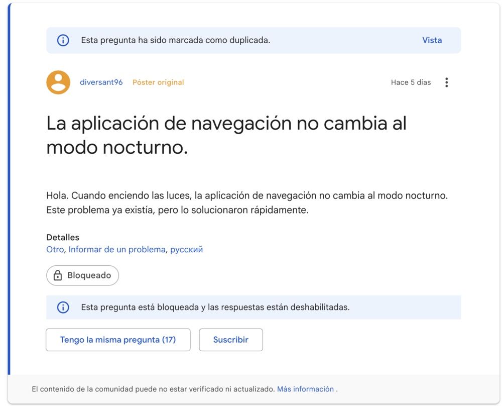 Captura de pantalla del foro de soporte donde los usuarios informaron errores en el modo nocturno de la aplicación de navegación.