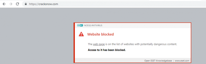 Captura de pantalla del navegador que muestra una notificación de bloqueo de ESET NOD32 Antivirus al intentar acceder al sitio web racksnow.com.