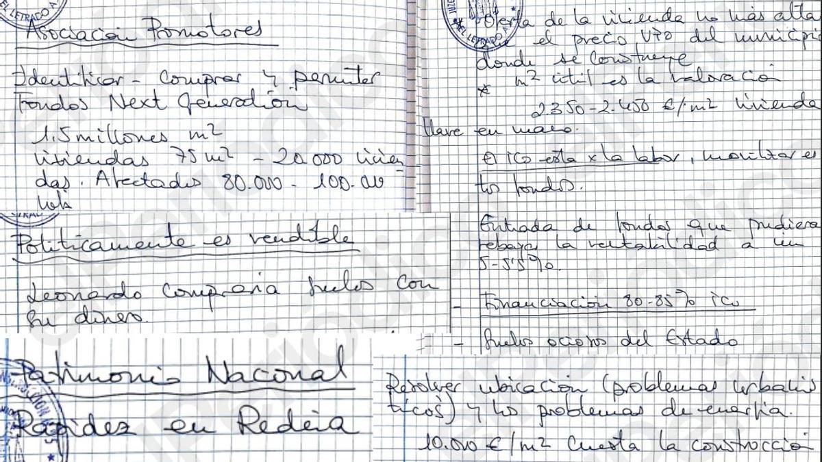 Recortes de los cuadernos de Leire Díez en poder de la UCO en los que se menciona que "Leonardo compraría un terreno con su dinero" y el ICO y la Redeia se implican