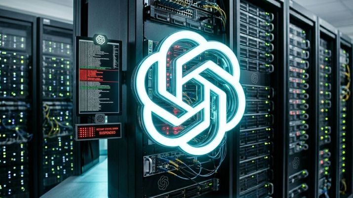 Logotipo luminoso de OpenAI sobre un rack de servidores en un centro de datos con pantallas de código.