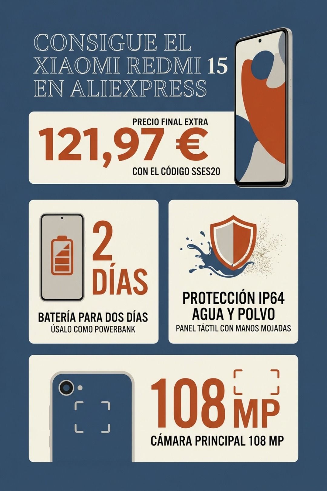 Infografía promocional en AliExpress del Xiaomi Redmi 15, con un precio de 121,97 euros, destacando la duración de la batería de dos días, la protección IP64 y la cámara de 108 MP.