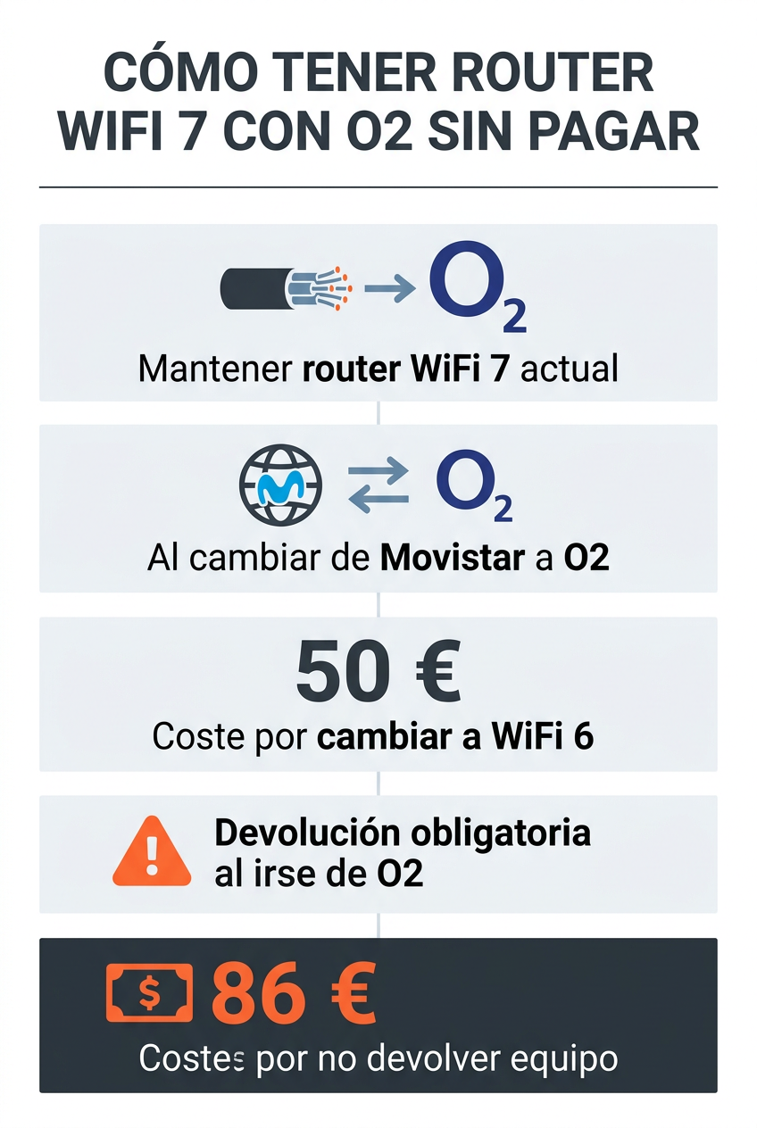 Infografía sobre cómo conseguir un router WiFi 7 con O2, detallando condiciones como el cambio desde Movistar, la tarifa de 50€ por WiFi 6 y la penalización de 86€ por no devolver el dispositivo.