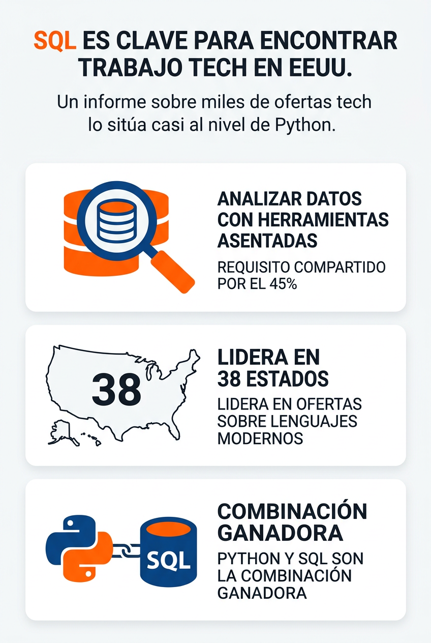 Una infografía sobre la relevancia de SQL en el mercado laboral tecnológico de EE. UU., destacando su uso en análisis de datos, su liderazgo en 38 estados y su combinación estratégica con Python.
