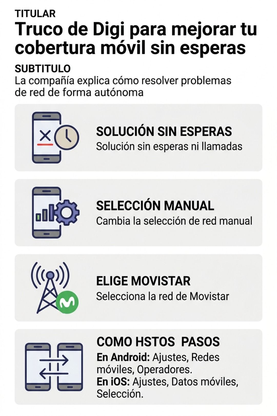 La infografía muestra los pasos para mejorar la cobertura de Digi seleccionando manualmente la red Movistar en Android e iOS.