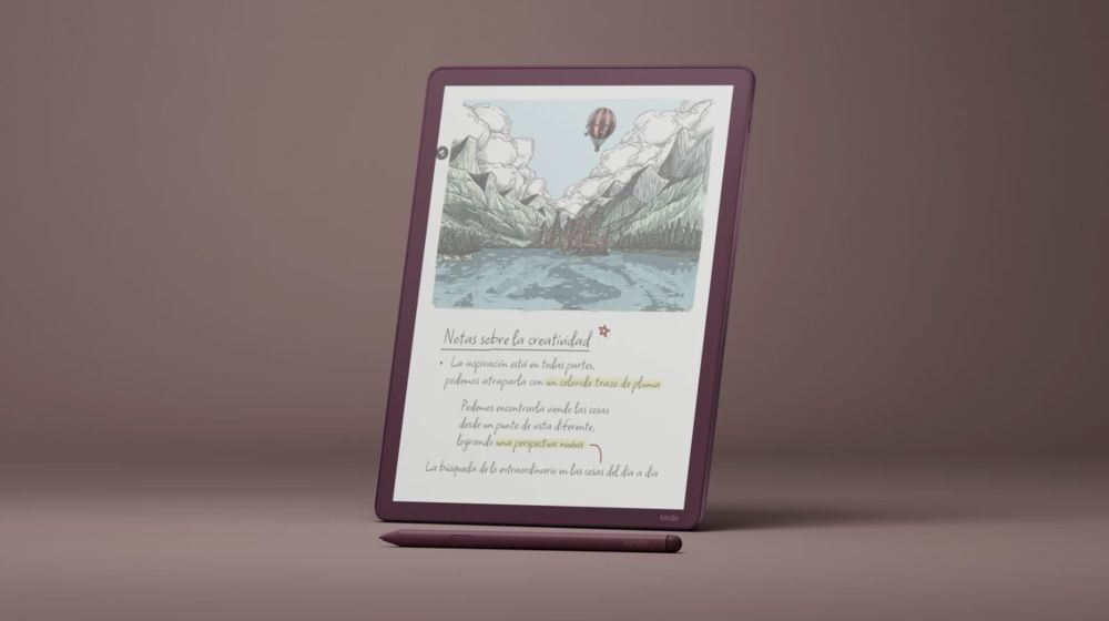 Lector de libros electrónicos Kindle Scribe en color granate con ilustraciones apaisadas y anotaciones escritas a mano junto al lápiz óptico en la pantalla.