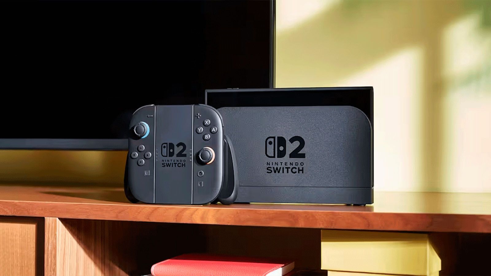 Consola Nintendo Switch 2 en modo portátil, mostrando su pantalla LCD de 7,9 pulgadas y sus Joy-Con magnéticos recién conectados