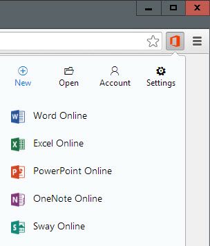 El menú desplegable de la extensión del navegador muestra accesos directos a las versiones en línea de Word, Excel, PowerPoint, OneNote y Sway.