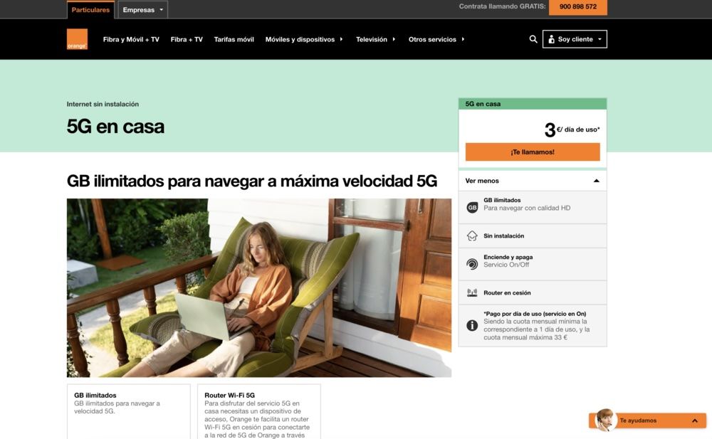 La interfaz del sitio web de Orange muestra ofertas de Internet residencial 5G con datos ilimitados y detalles del servicio.
