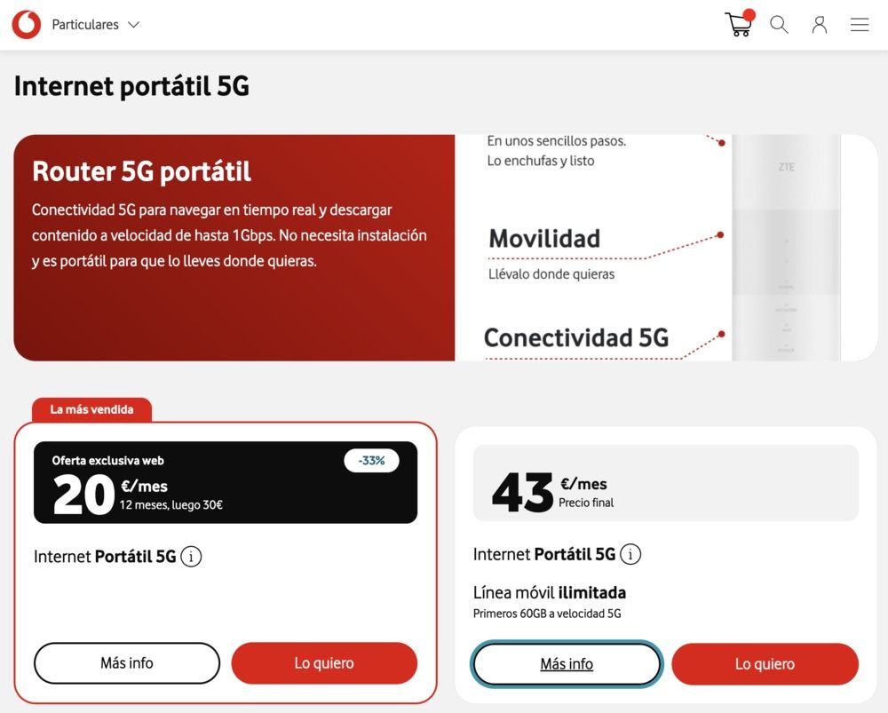 La interfaz del sitio web de Vodafone muestra velocidades de Internet portátiles 5G junto con opciones de enrutador y líneas móviles ilimitadas.