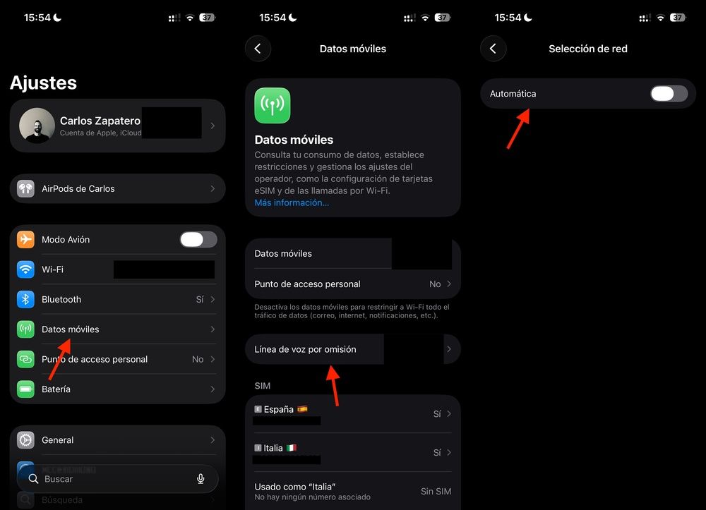 Pasos para cambiar la selección de red móvil de automática a manual desde el menú Configuración en la interfaz del iPhone.