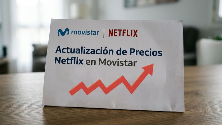 El sobre presenta los logotipos de Movistar y Netflix, así como el texto de actualización de precios de Netflix en Movistar y un gráfico de flecha roja ascendente.