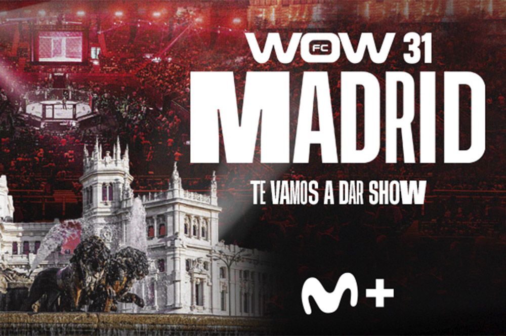 Cartel promocional del evento de artes marciales mixtas WOW 31 en Madrid con imagen de la fuente de Cibeles, octógono de lucha y logo de Movistar Plus