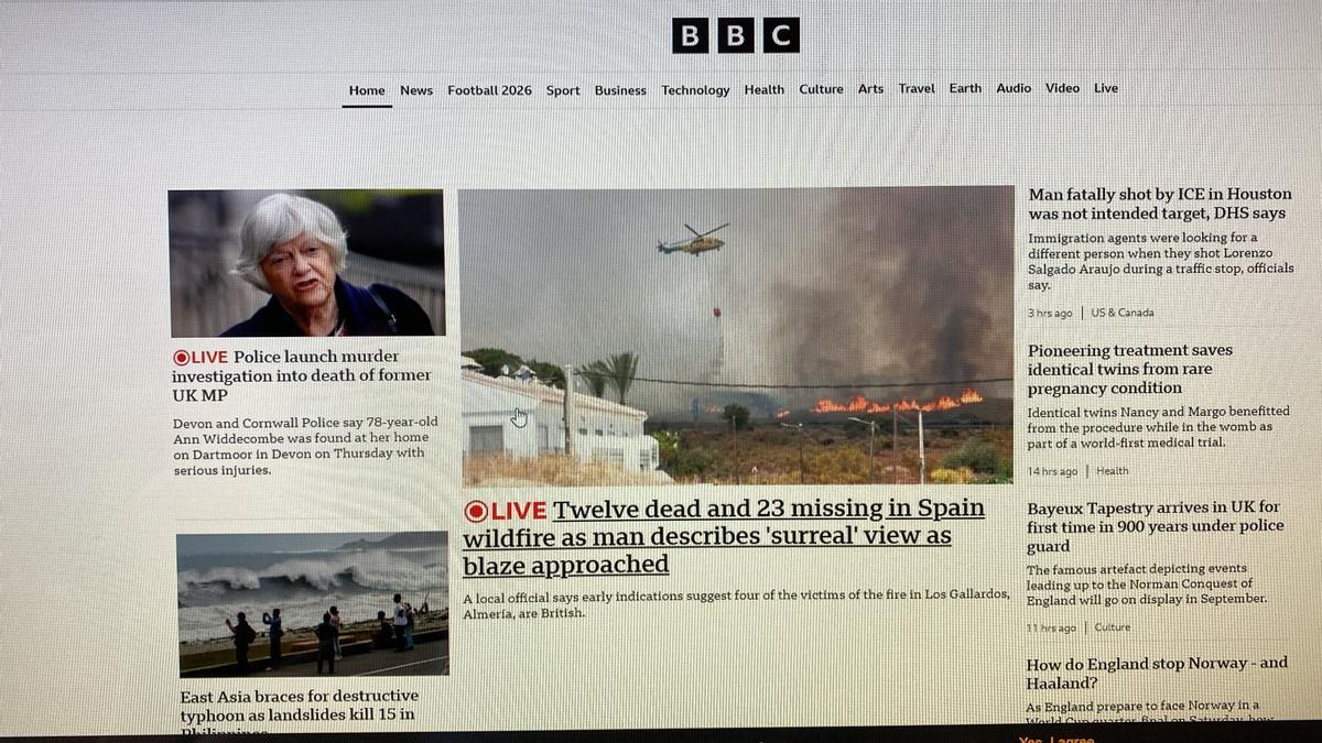 El incendio de Almería en el portal de la BBC.