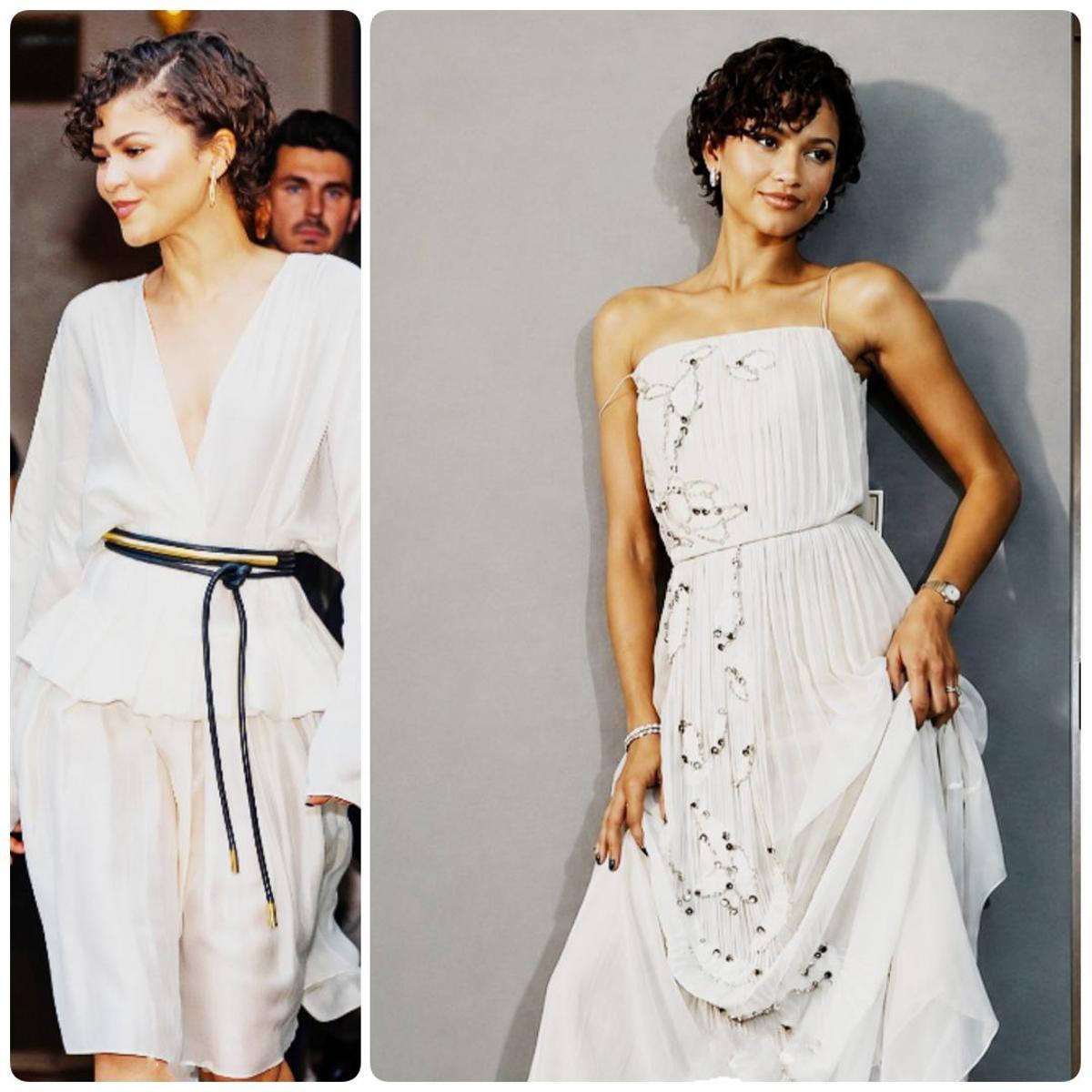 Zendaya, con un dos piezas color marfil de Khaite Resort 2027: blusa drapeada, falda semitransparente. Y con un archivo de Trussardi primavera-verano 2006 (derecha).