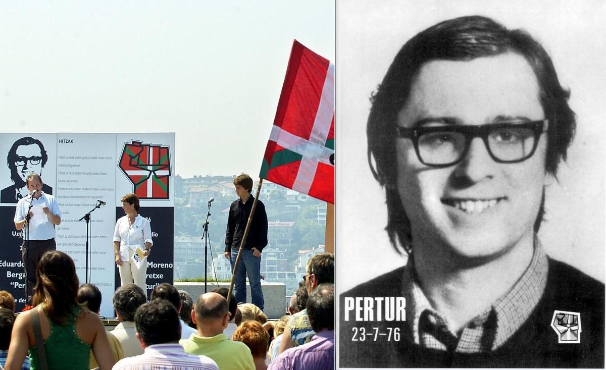 A la izquierda, un homenaje a Pertur organizado por el partido EIA, que él ayudó a fundar, y un cartel de protesta contra el líder, del mismo partido.