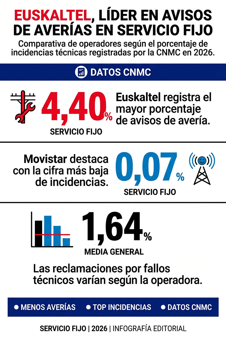 Una infografía comparativa facilitada por la CNMC sobre fallos del servicio fijo en 2026 muestra que Euskaltel tiene una tasa de incidencia del 4,40% y Movistar tiene una tasa de incidencia del 0,07%.