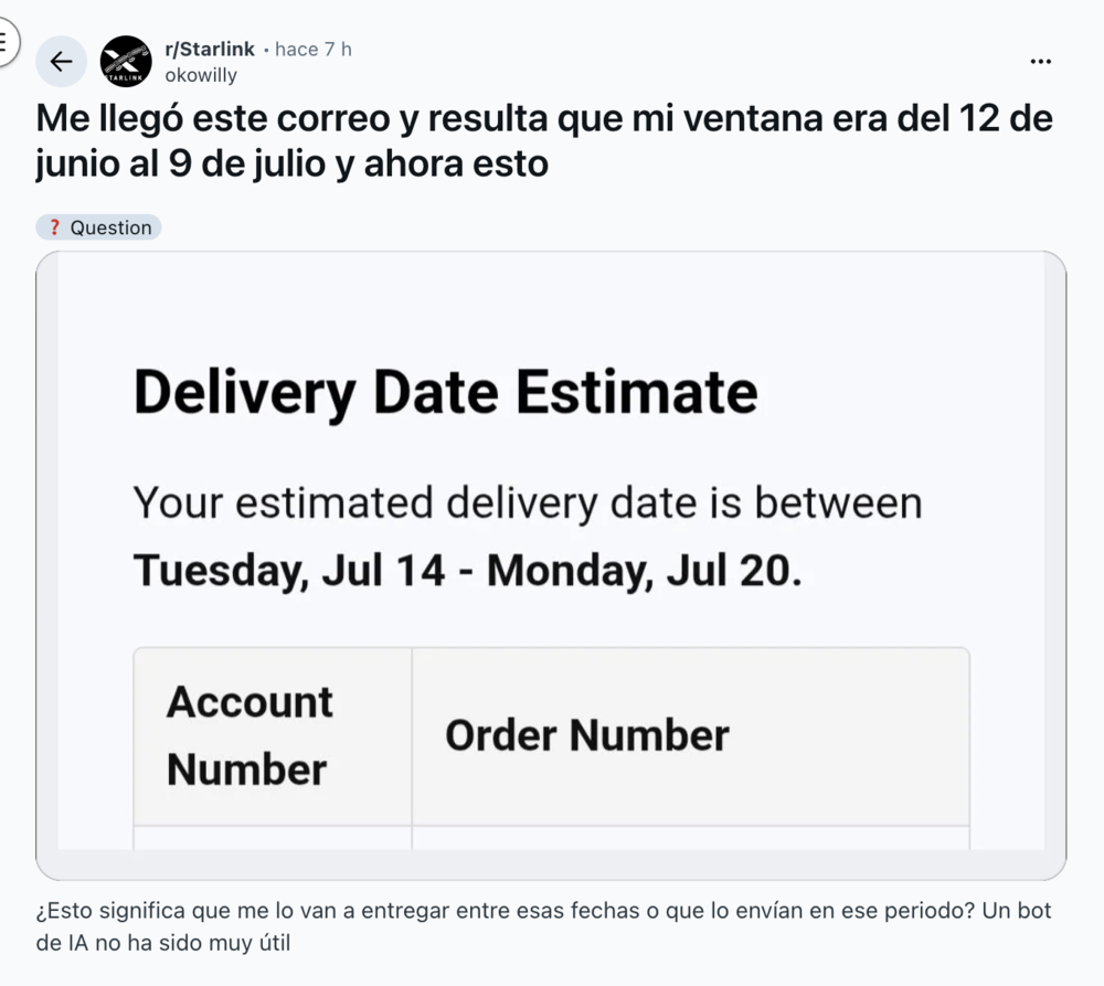 Captura de pantalla de una publicación de Reddit sobre cambios en las estimaciones de entrega de pedidos de Starlink.