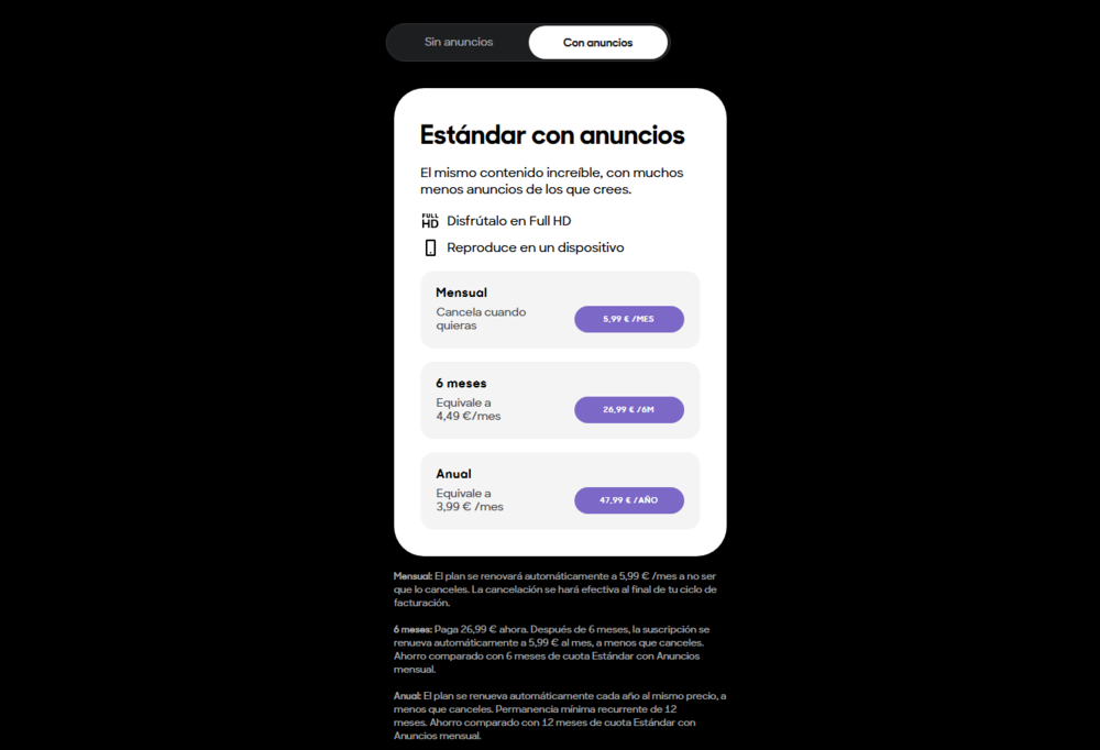 Calendario de precios del plan estándar con publicidad SkyShowtime, disponible con opciones de pago mensual, semestral y anual.