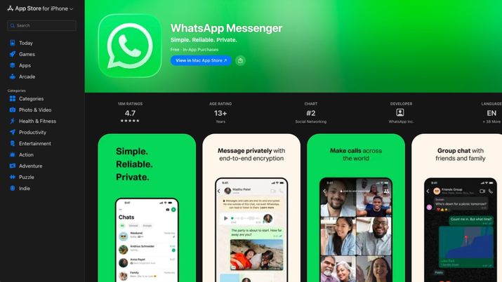 La interfaz de la aplicación WhatsApp Messenger en la App Store para iPhone, con descripciones, valoraciones y capturas de pantalla para chats y videollamadas.