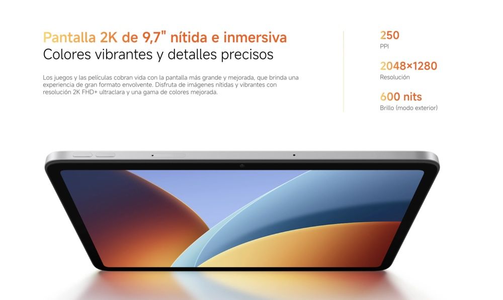 Infografía técnica de la pantalla de la tableta Xiaomi con especificaciones de resolución 2K, brillo de 600 nits y 250 PPI.